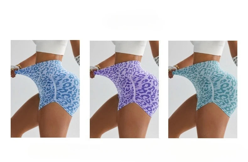 Three views of leopard print high-waist seamless shorts worn by a model.