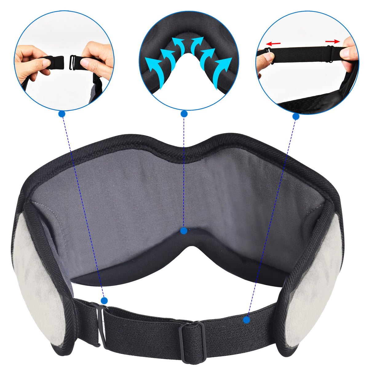 A black sleep headphone band with a gray cushion and light gray padding, showing various angles of the product.