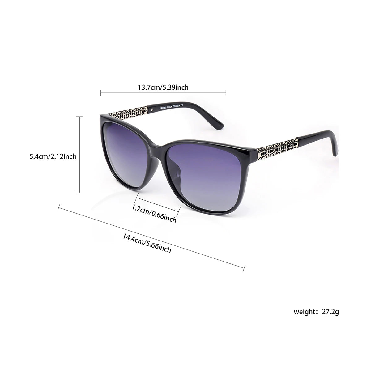 Black cat eye polarized sunglasses with a patterned detail shown from the side.