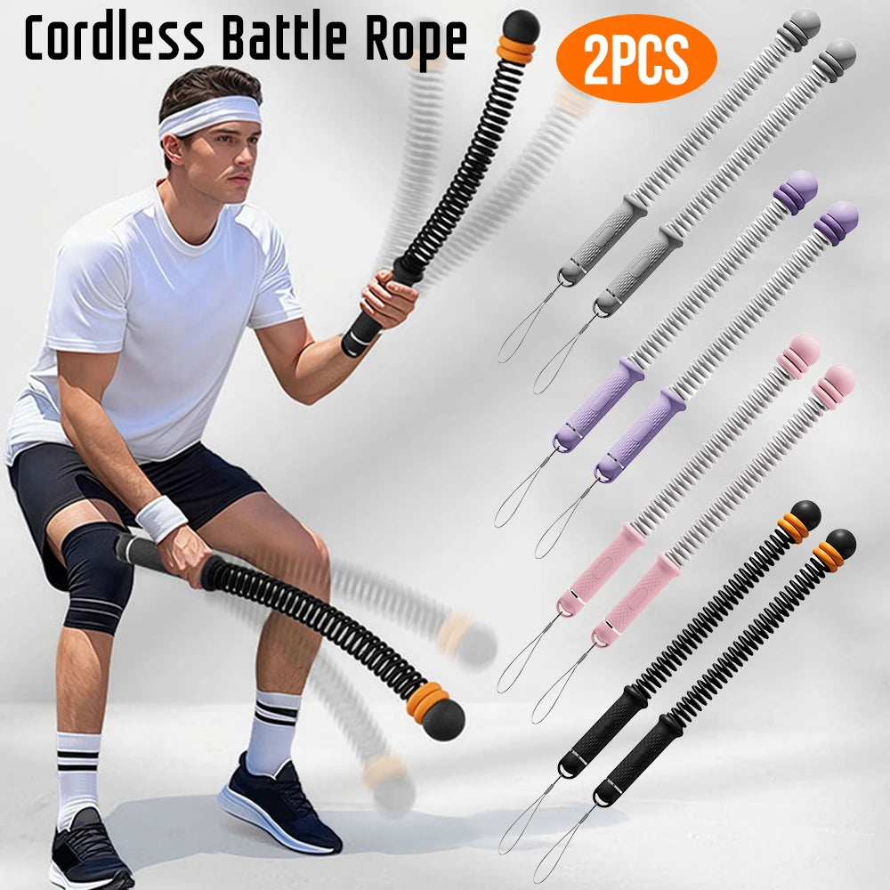 A man demonstrates using cordless battle ropes, showing two sets of adjustable rope handles.