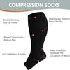 Black compression socks designed to reduce pain, improve circulation, and provide ankle protection.