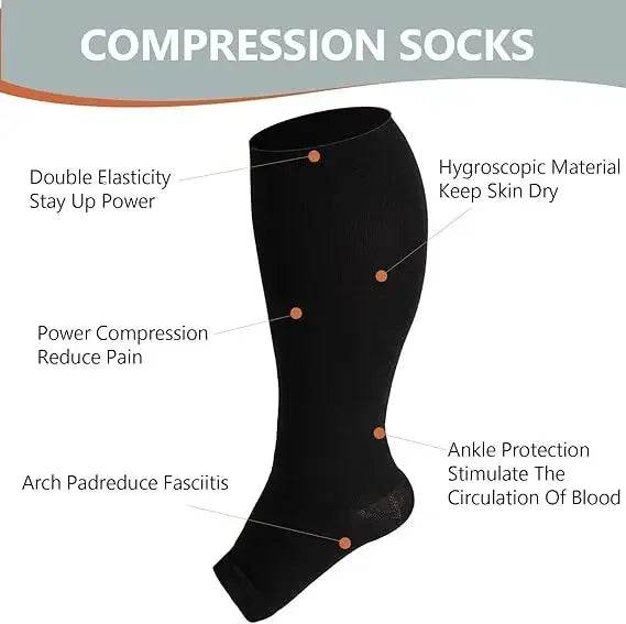 Black compression socks designed to reduce pain, improve circulation, and provide ankle protection.
