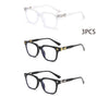 Three pairs of classic square blue light blocking glasses in clear and black frames