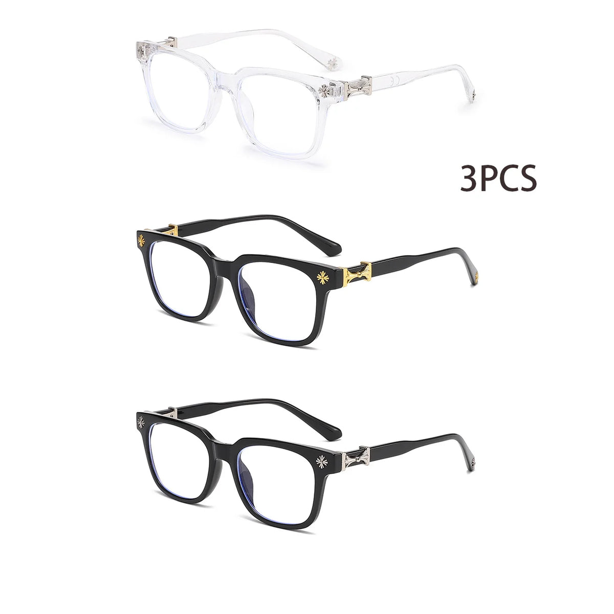 Three pairs of classic square blue light blocking glasses in clear and black frames