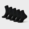 A stack of black ribbed crew socks for men and women displayed against a light background.