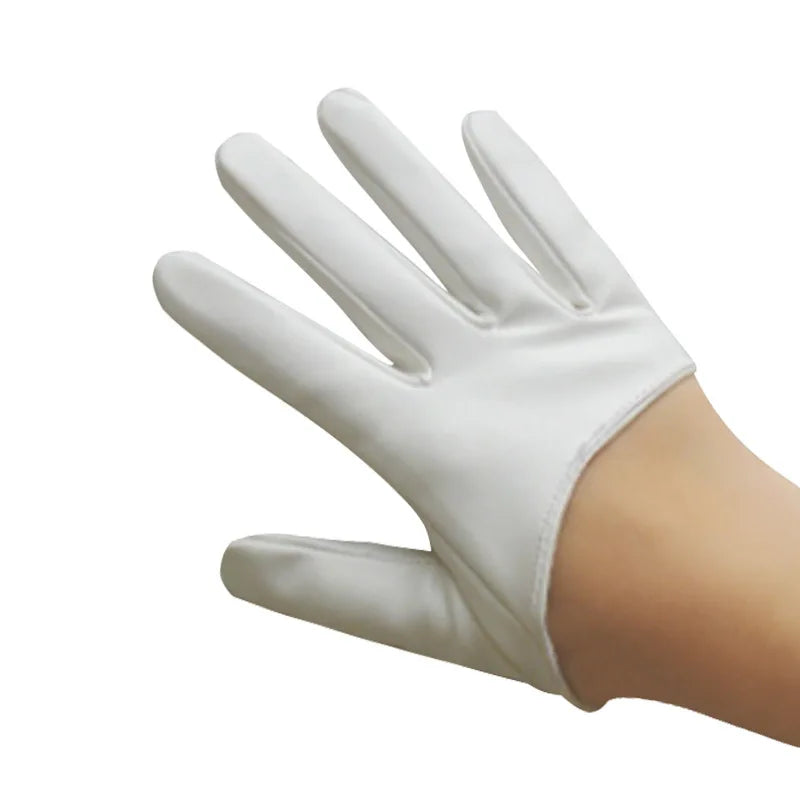 White fashion PU leather finger gloves shown on a hand.