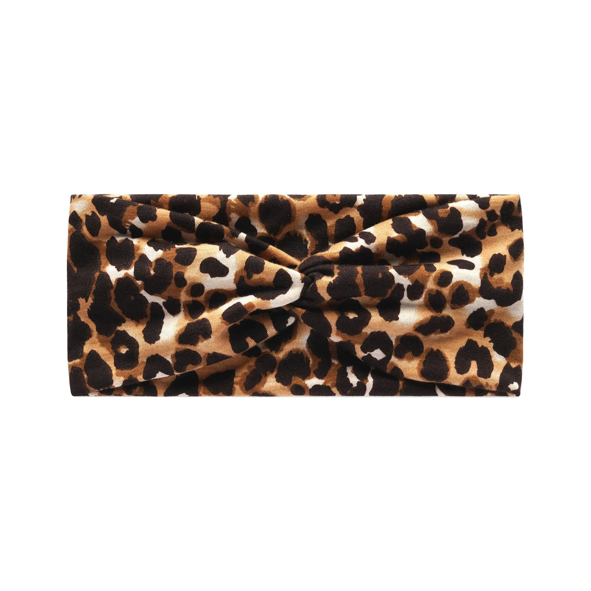 A close-up of a black and tan leopard print fabric used as a headband or scarf.