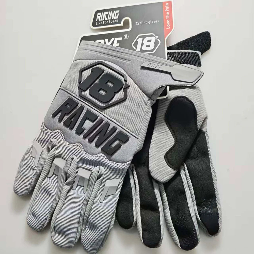 Gray cycling gloves with an 18 racing logo and black accents displayed on a white background.