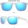 Transparent blue sunglasses shown from the front and side view at a 45-degree angle