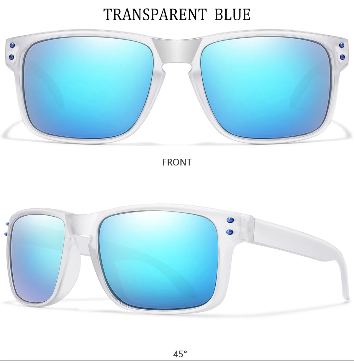 Transparent blue sunglasses shown from the front and side view at a 45-degree angle