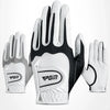 A pair of white and black men's golf gloves shown from the palm side.