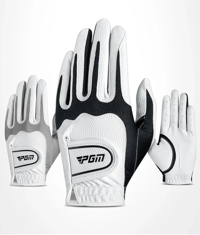 A pair of white and black men's golf gloves shown from the palm side.