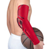 A red sports compression elbow pad is shown on an arm, next to a brown basketball.