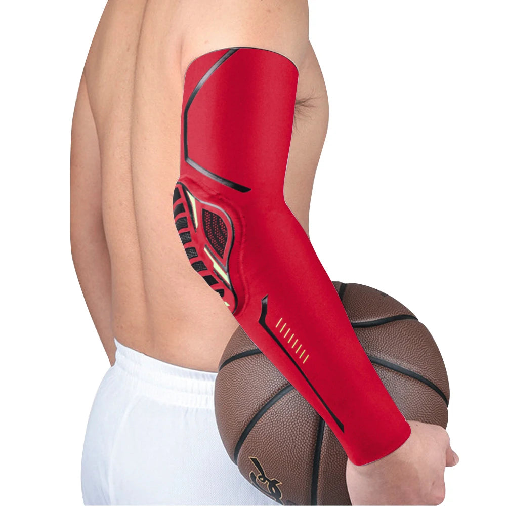 A red sports compression elbow pad is shown on an arm, next to a brown basketball.