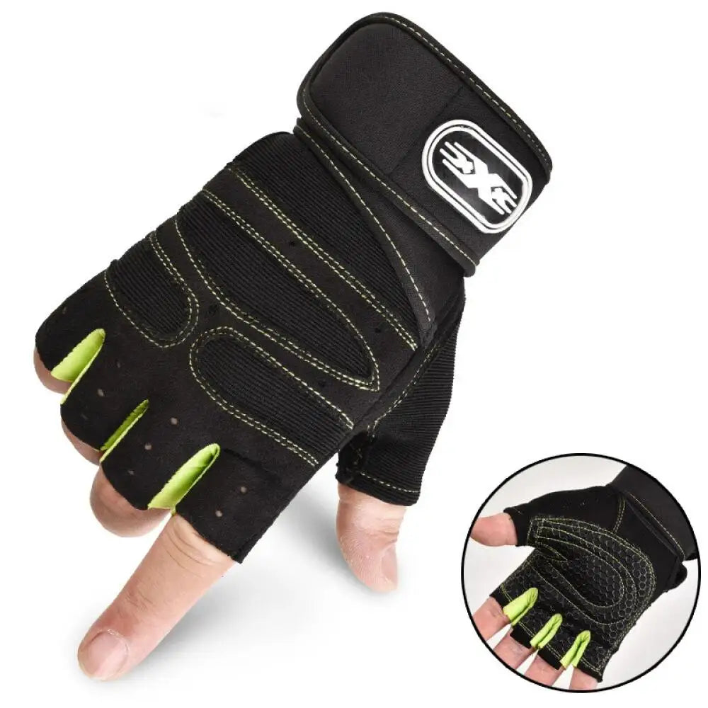 Black half finger wrist guards with neon green accents shown on a hand.