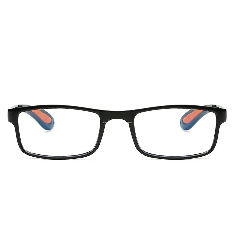 Black folding reading glasses with orange temple tips
