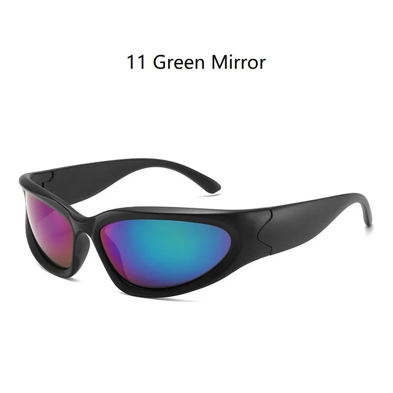 A pair of black Y2K retro sports sunglasses with vibrant green mirror lenses.