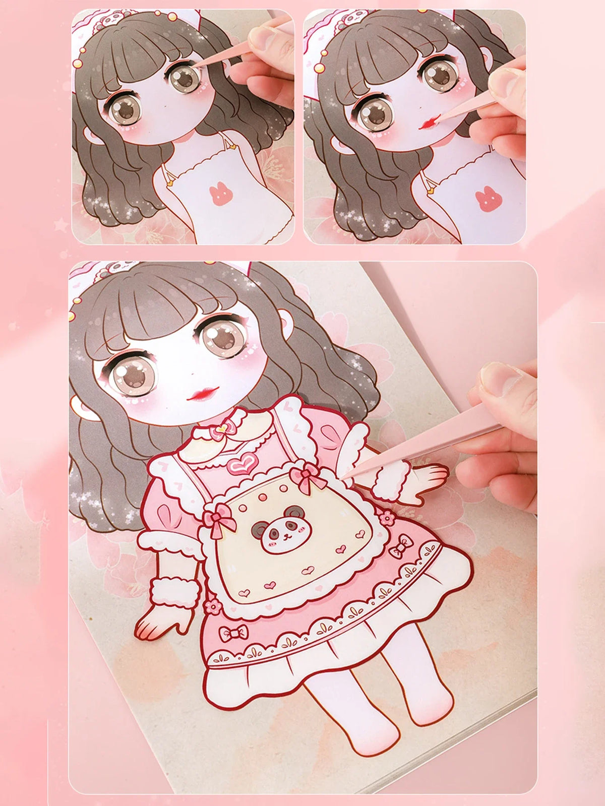 Un set de pegatinas de caras de dibujos animados reutilizables con una niña de cabello gris largo y ropa rosa.
