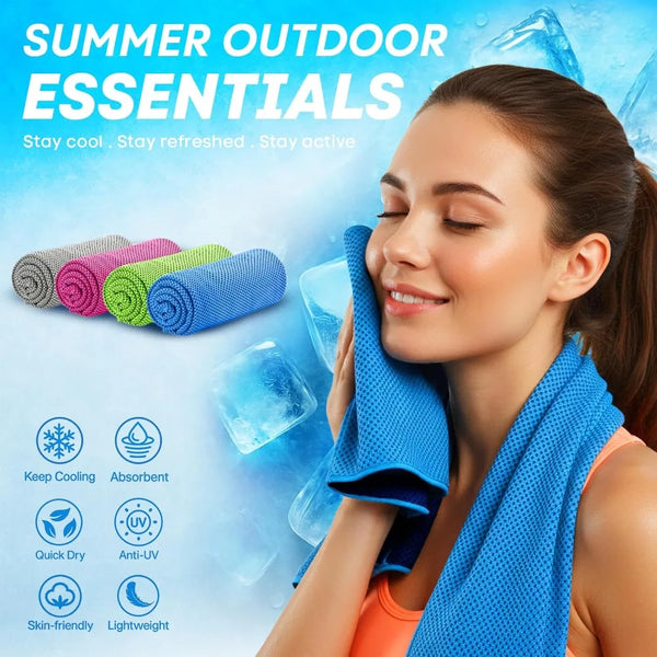 A woman is using a blue cooling microfiber gym towel, with other towels and ice cubes visible in the background.