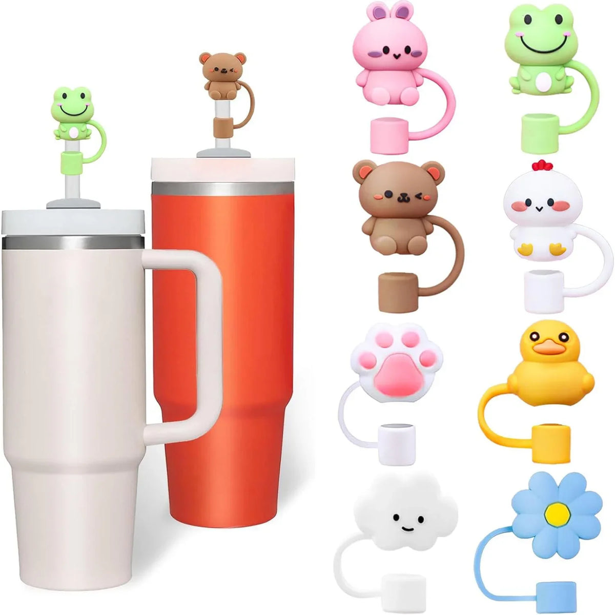 A collection of reusable silicone straw covers for tumblers in various colors and shapes.