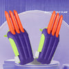A pair of orange carrot fidget stress relief toys with purple and lime green grips displayed against a light purple backgroun