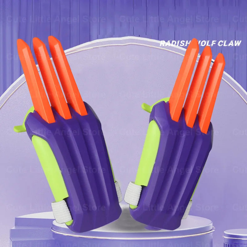 A pair of orange carrot fidget stress relief toys with purple and lime green grips displayed against a light purple backgroun