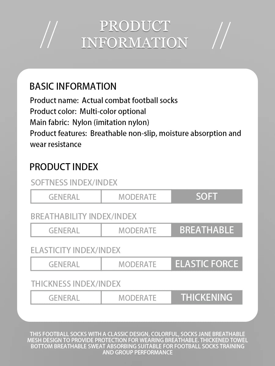 Product information sheet for actual combat football socks detailing fabric features and index ratings.