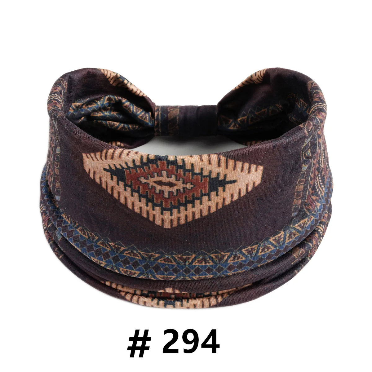 A dark brown boho cotton turban headband with geometric patterns