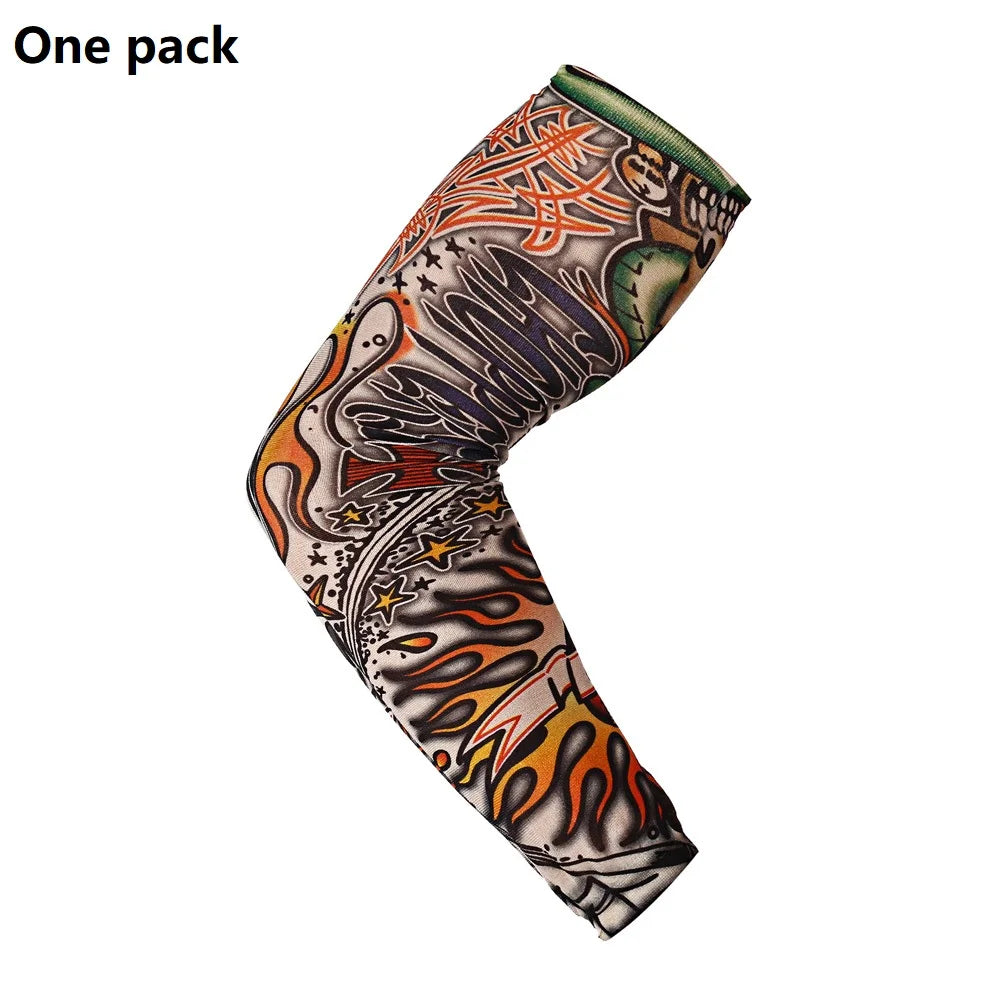 One pack of long seamless tattoo sleeves featuring intricate orange and black designs.