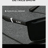Close-up view of black polarized sports sunglasses showing individual design and streamlined fashion.
