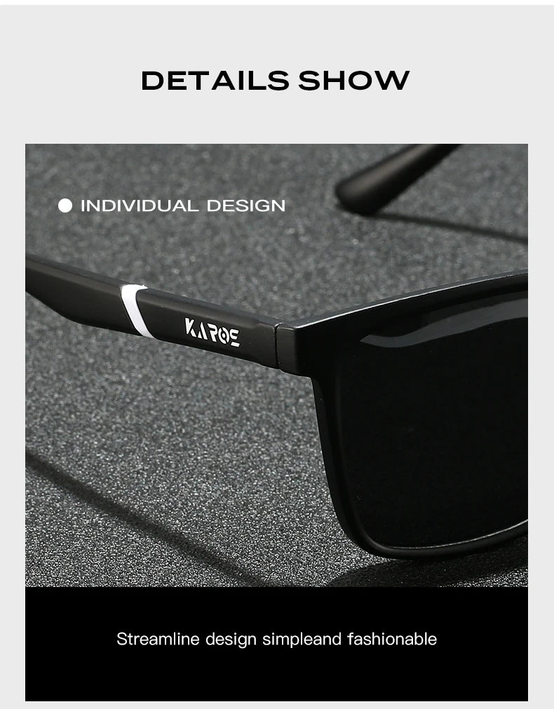 Close-up view of black polarized sports sunglasses showing individual design and streamlined fashion.