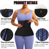 A woman wearing a black body shaping waist trainer corset with blue accents, demonstrating its features.