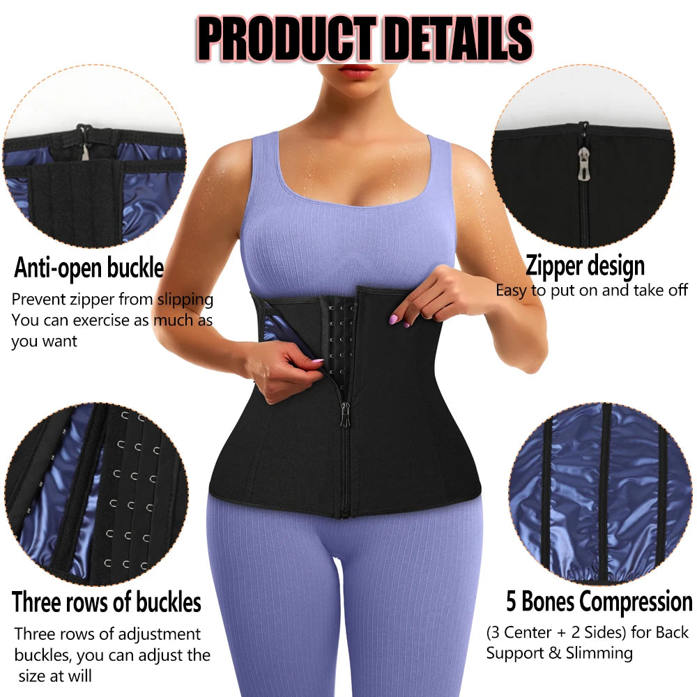 A woman wearing a black body shaping waist trainer corset with blue accents, demonstrating its features.
