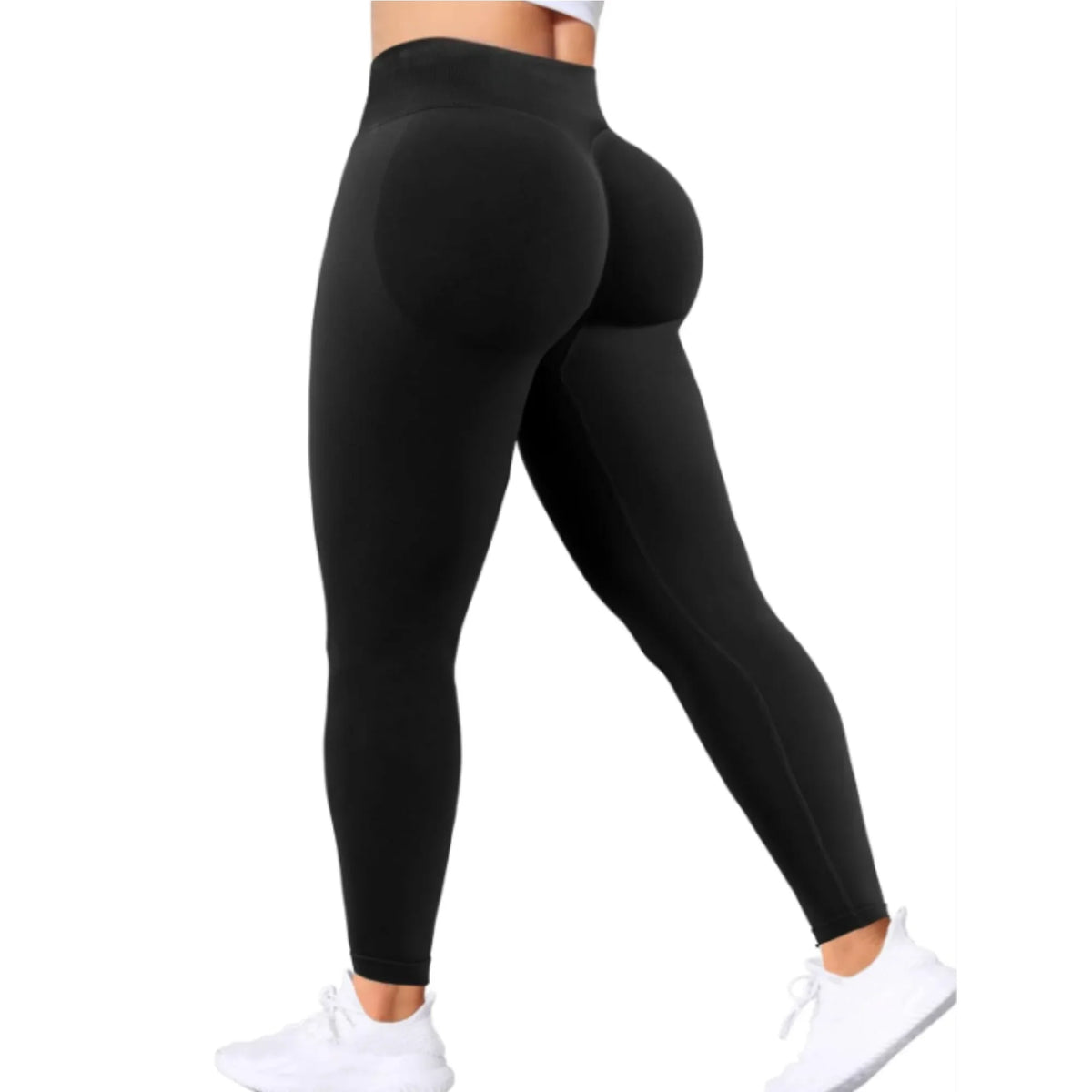 Legging de yoga noir sans couture taille haute porté par une personne.