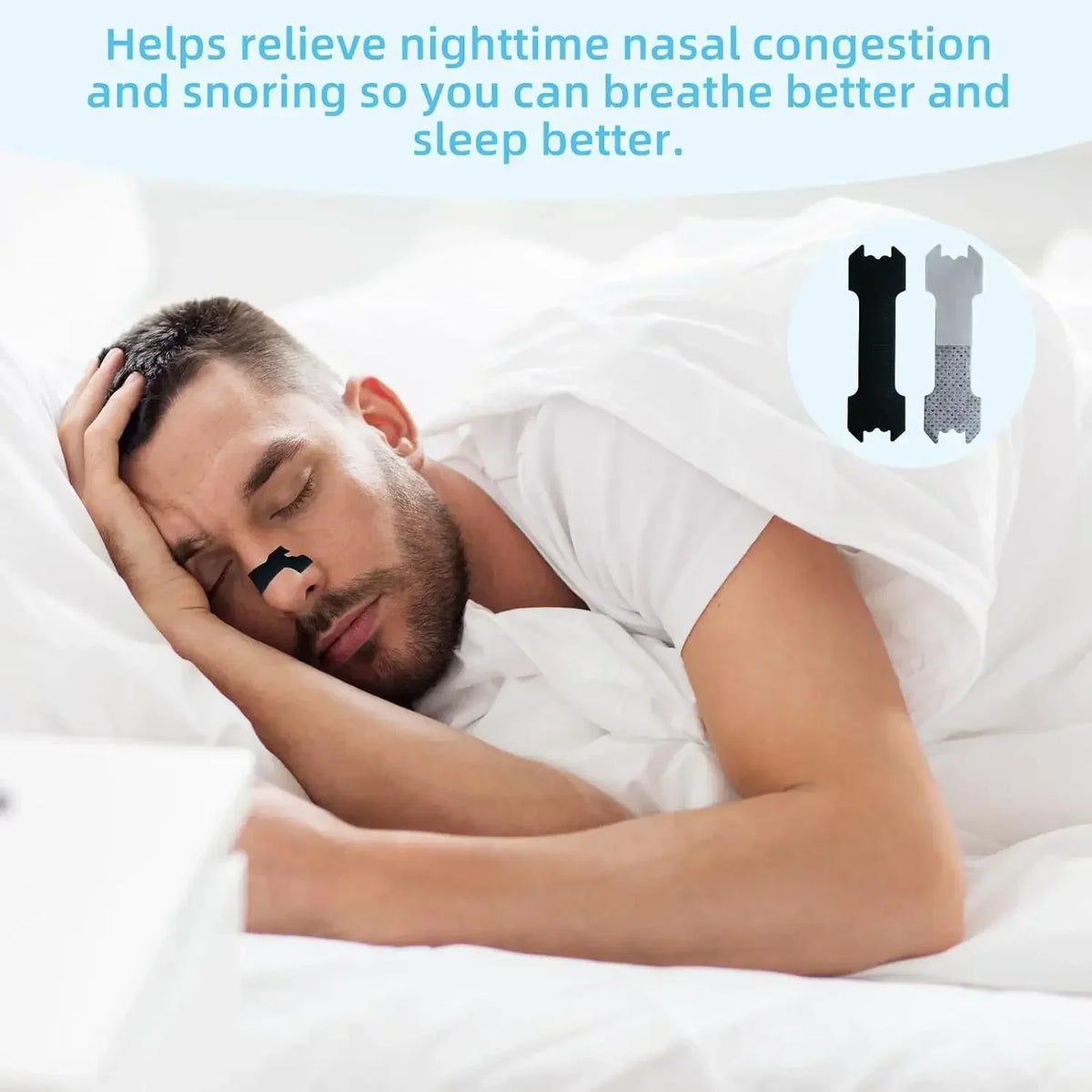 A man sleeping comfortably with invisible nasal strips placed on his nose for snoring relief.