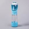 A blue and white 3-in-1 portable pet water and food dispenser bottle.