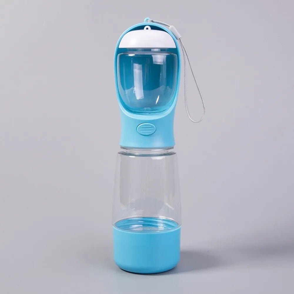 A blue and white 3-in-1 portable pet water and food dispenser bottle.