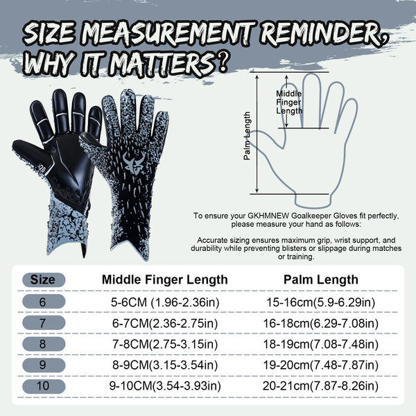 Size measurement reminder chart showing finger and palm lengths for goalkeeper gloves sizes 6 through 10