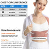 A woman demonstrates how to measure chest circumference for sizing a posture corrector back brace.