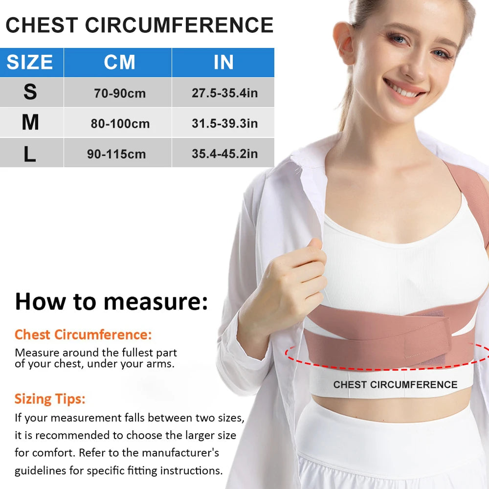 A woman demonstrates how to measure chest circumference for sizing a posture corrector back brace.