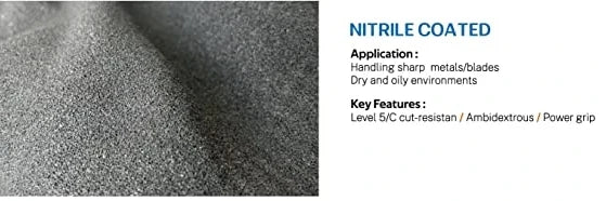 Close-up of a gray nitrile coated product showing its texture and features for handling metals and blades.