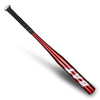 A close-up view of a red and black aluminum baseball bat with a silver tip.