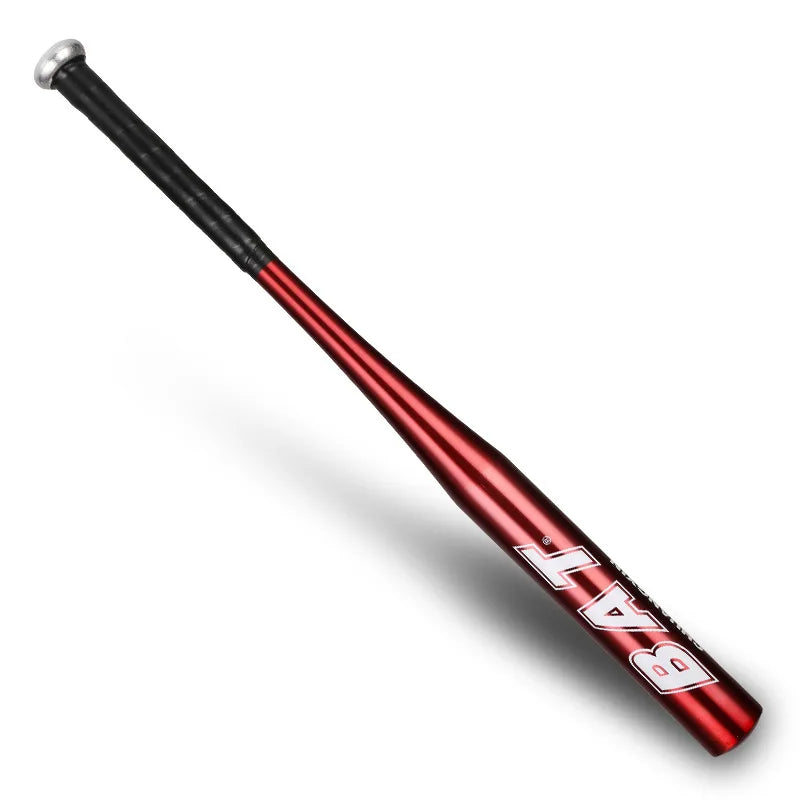 A close-up view of a red and black aluminum baseball bat with a silver tip.