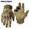A pair of tactical PU leather touch screen gloves in olive green and camouflage patterns.