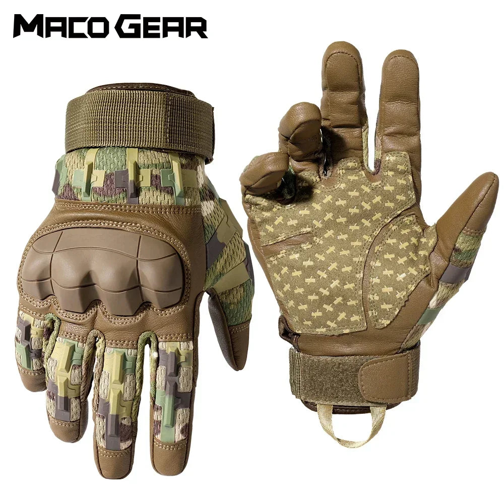 A pair of tactical PU leather touch screen gloves in olive green and camouflage patterns.