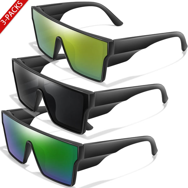 Tres pares de gafas de sol negras con lentes verdes y morados