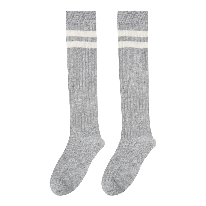 Gray cotton knee high socks with white stripes