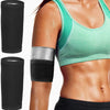 A woman wearing a teal sports top demonstrates arm slimming compression bands on her forearm.