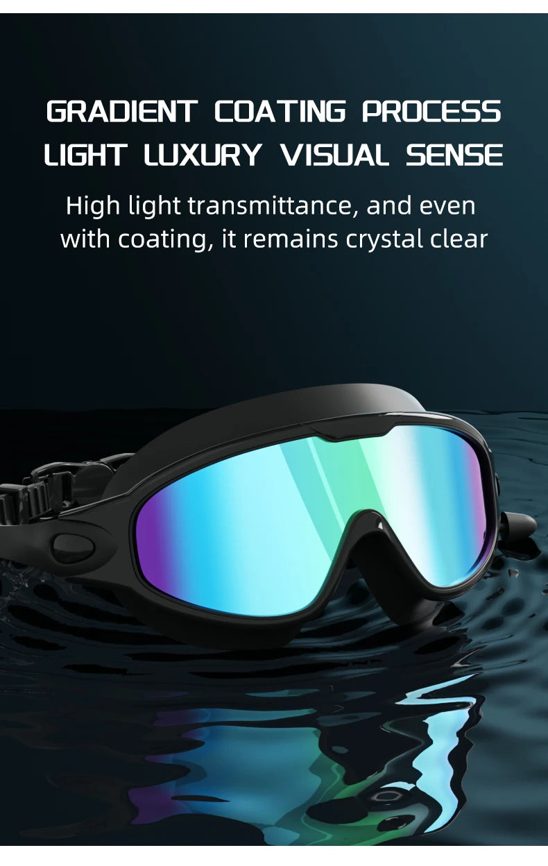 A pair of black swimming goggles with blue-tinted lenses floating on dark water.