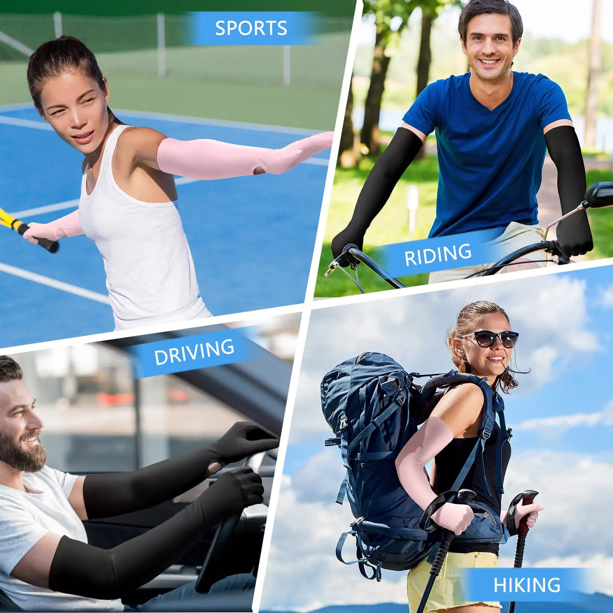 Collage de personas usando manguitos elásticos de protección UV para deportes como montar, conducir y senderismo.